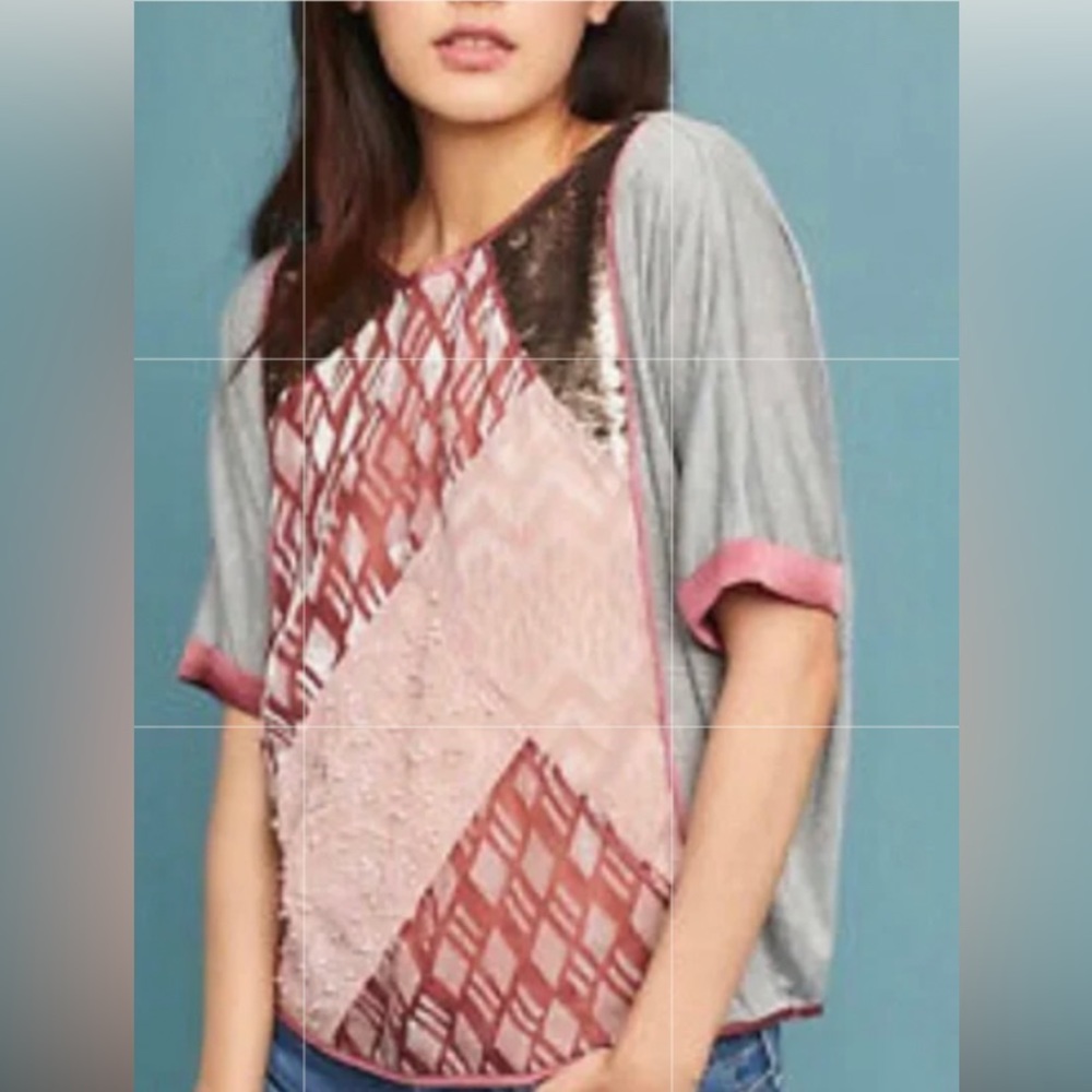 Anthropologie Patchwork Blouse Sequin Diamond Flo… - image 1